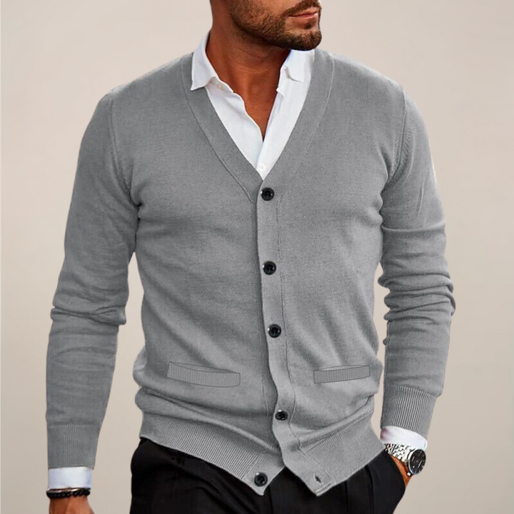 Comfortable & stylish men's V-neck button-up knit cardigan, suitable for versatile modern classic wear.