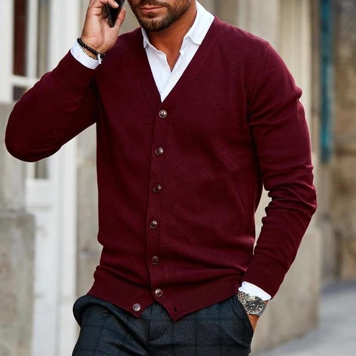 Men's V-Neck Button Cardigan in a tailored fit, perfect for smart casual or business casual layered outfits.