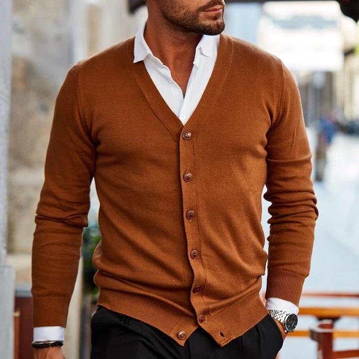 Stylish men's knit V-neck cardigan with button front, ideal for versatile smart casual layering in fall & winter.