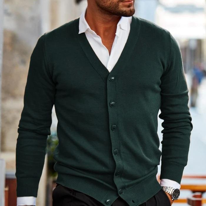 Classic men's V-neck button-front cardigan, a versatile layering piece for sophisticated smart casual & business style.