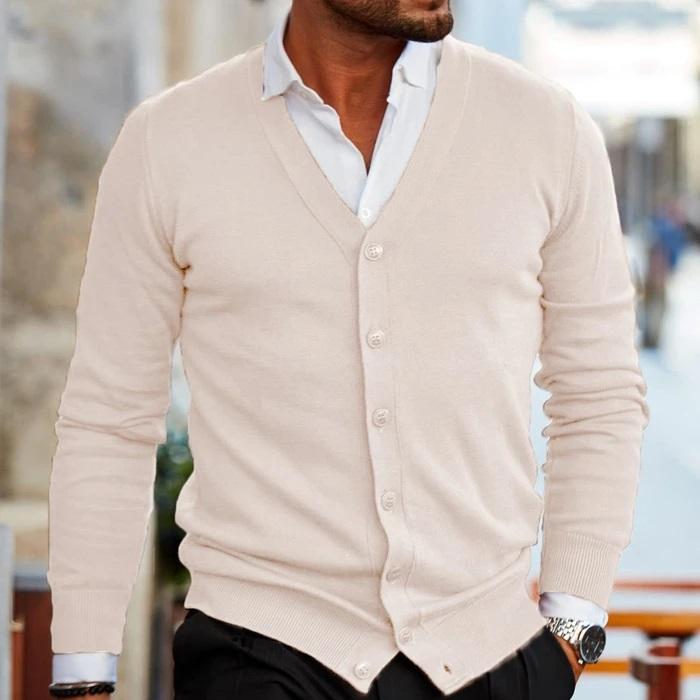 Tailored fit men's V-neck knit cardigan with elegant button details, perfect for smart layering in colder seasons.