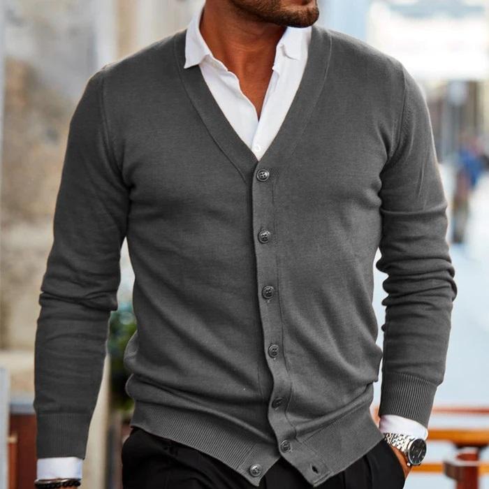Cozy men's V-neck button cardigan, an essential versatile knitwear layer for comfortable fall and winter outfits.