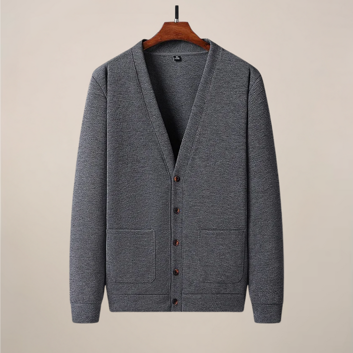 Men's V-neck knit cardigan with button-up front & practical pockets, perfect for casual or smart-casual layering.
