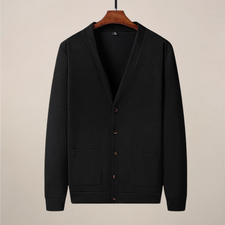 Relaxed fit men's V-neck knit cardigan. Button-up design with pockets, great for casual or smart-casual layering.