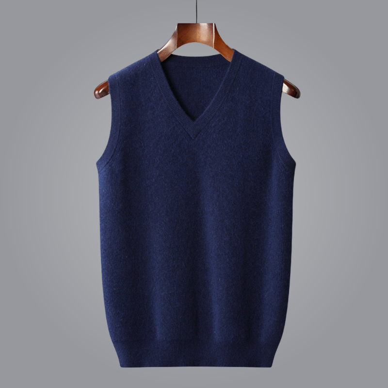 Elegant men's V-neck knit vest, enhancing smart casual layering. A must-have for men's fashion.