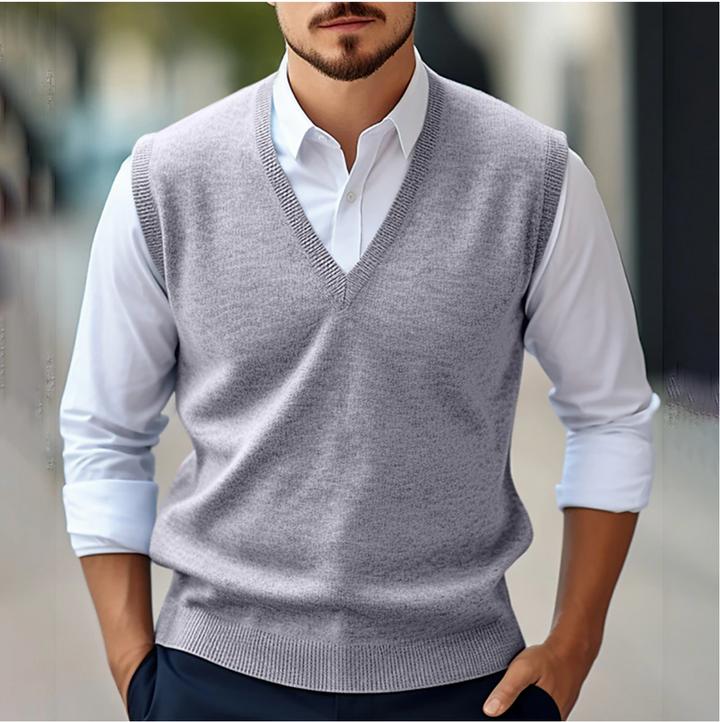Red men's V-neck sleeveless vest, perfect for all-season layering and elevated style.