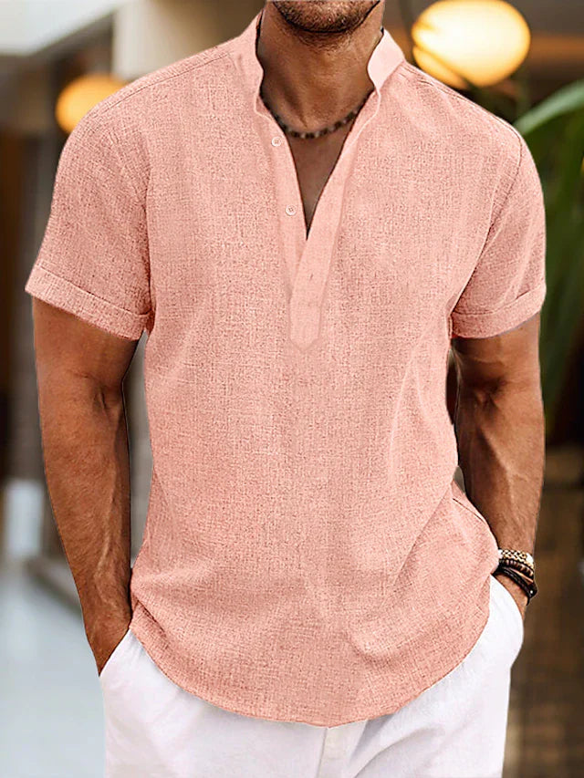 Men's V-neck polo shirt, short sleeve, regular fit. Comfortable casual everyday top for versatile men's fashion.