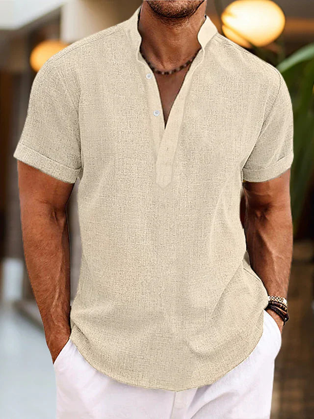 Stylish men's V-neck polo shirt, short sleeve. Modern casual top, regular fit for comfortable everyday men's fashion.