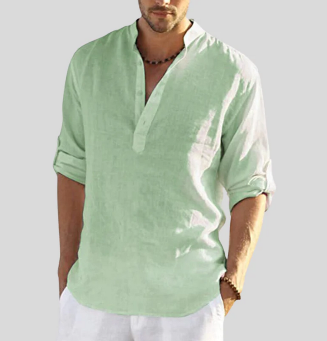 Men's V-neck short sleeve button-up shirt, perfect for casual summer style & warm weather comfort.
