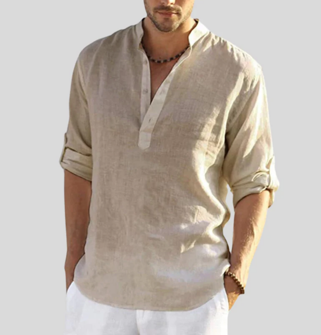 Casual men's V-neck short sleeve shirt, ideal for summer, beach vacations & relaxed everyday wear.