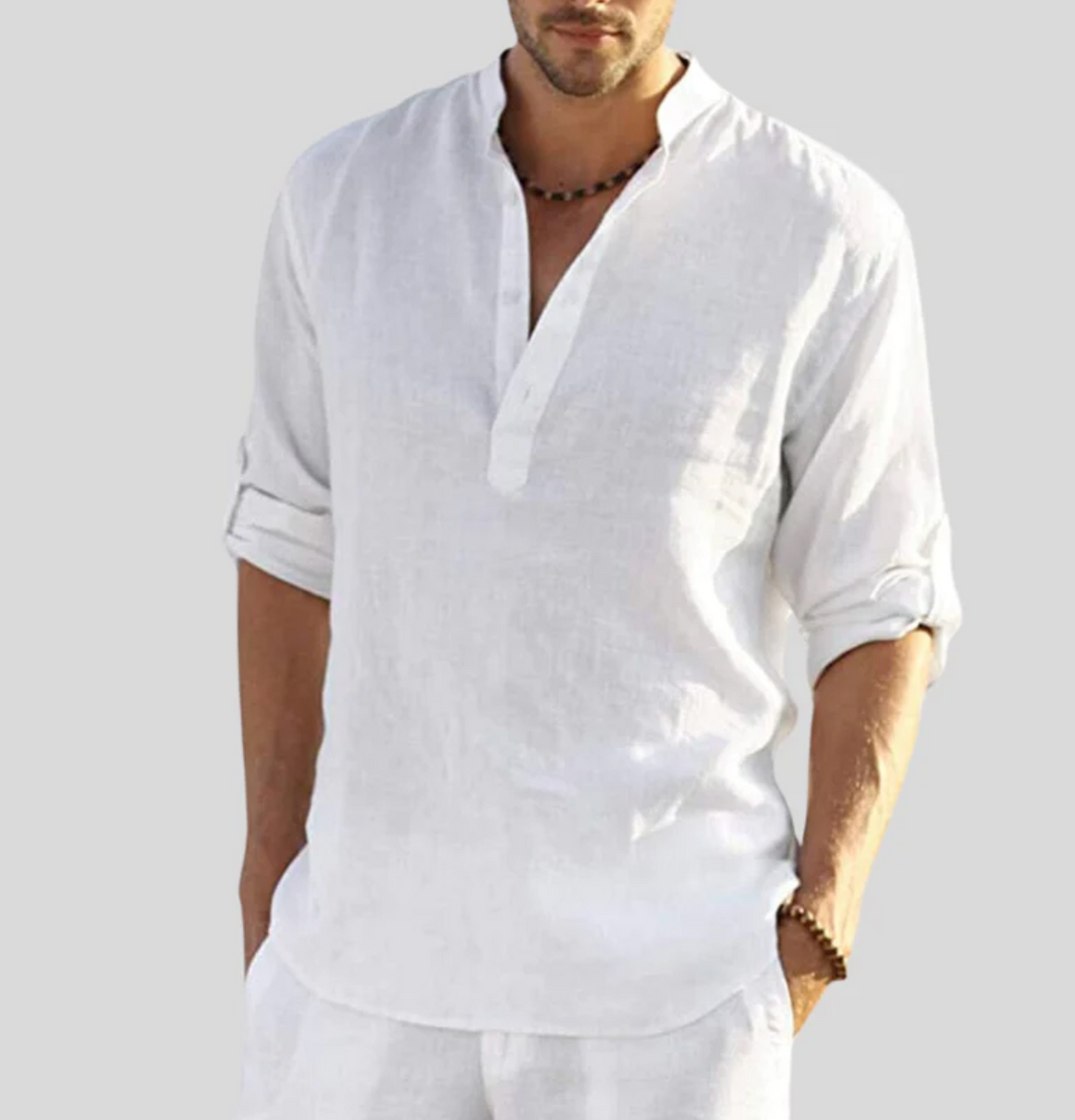 Lightweight & comfortable men's V-neck short sleeve button-up shirt with relaxed fit for summer.