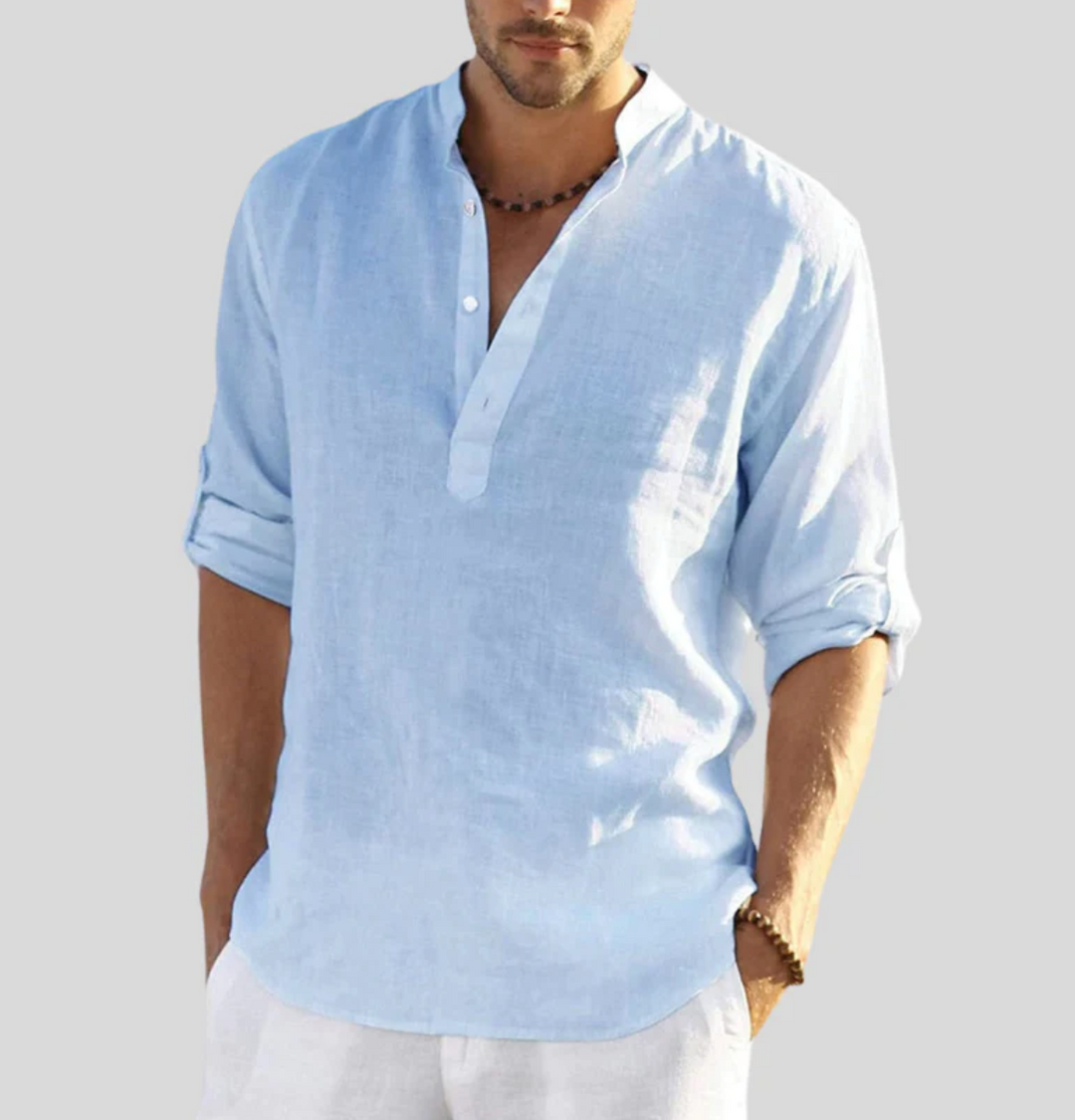 Men's V-neck short sleeve button-up for smart casual looks & cool comfort in warm summer weather.