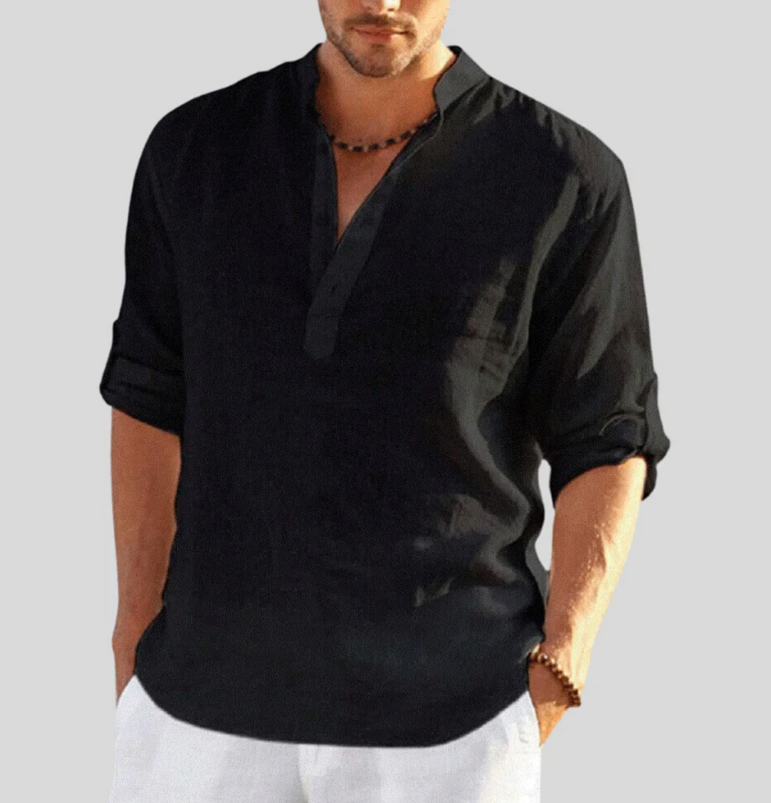 Modern men's V-neck short sleeve button-up shirt for everyday wear, vacation fashion & summer.