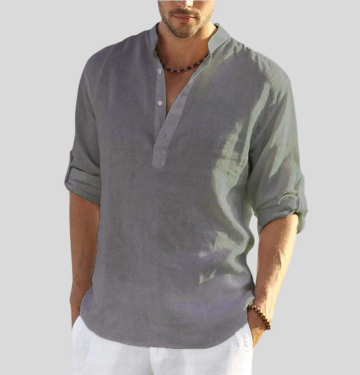 Stylish men's V-neck short sleeve button-up shirt, a lightweight top for ultimate summer comfort.