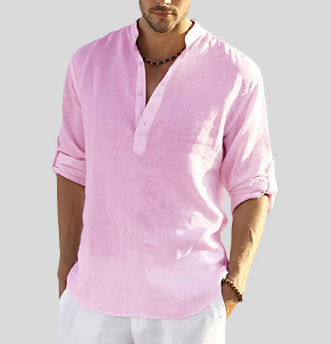 Cool men's summer shirt: V-neck short sleeve button-up, ideal for warm weather & beach style.