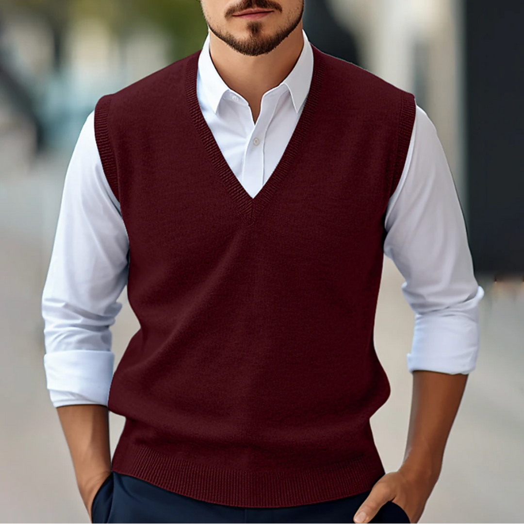 Men's V-Neck Sweater Vest in a smart casual business style. Perfect layering piece for distinguished office wear.