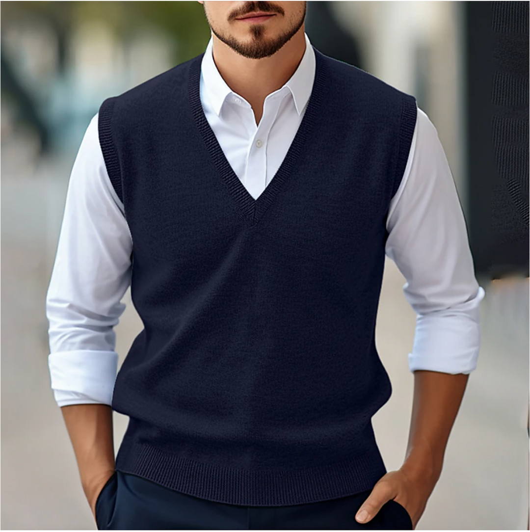 Stylish men's V-neck sweater vest, a versatile layering piece for smart casual and professional business outfits.