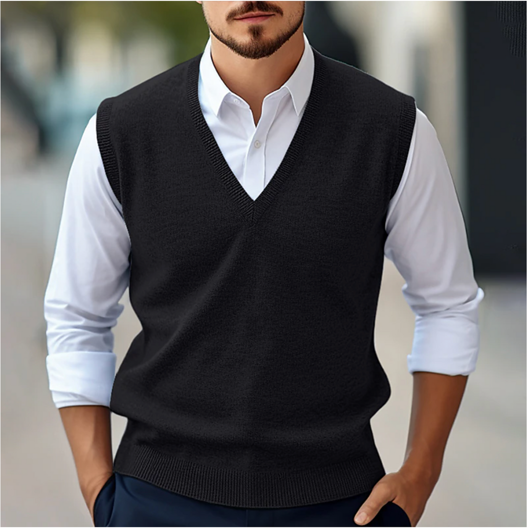 Men's V-neck sweater vest, a sophisticated pullover for smart casual and business layering. Ideal for professional attire.