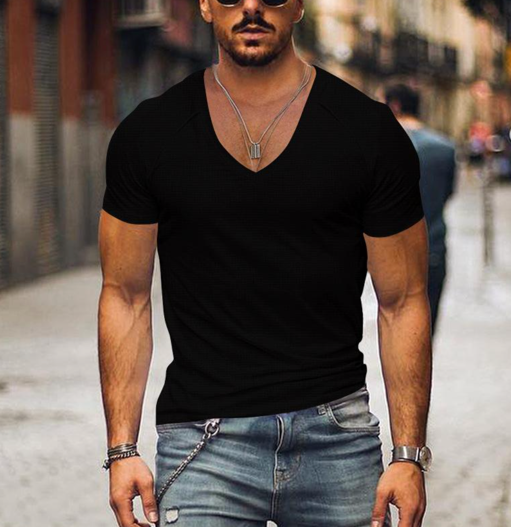 Men's V-neck t-shirt in regular fit, offering modern style & all-day comfort for casual wear.