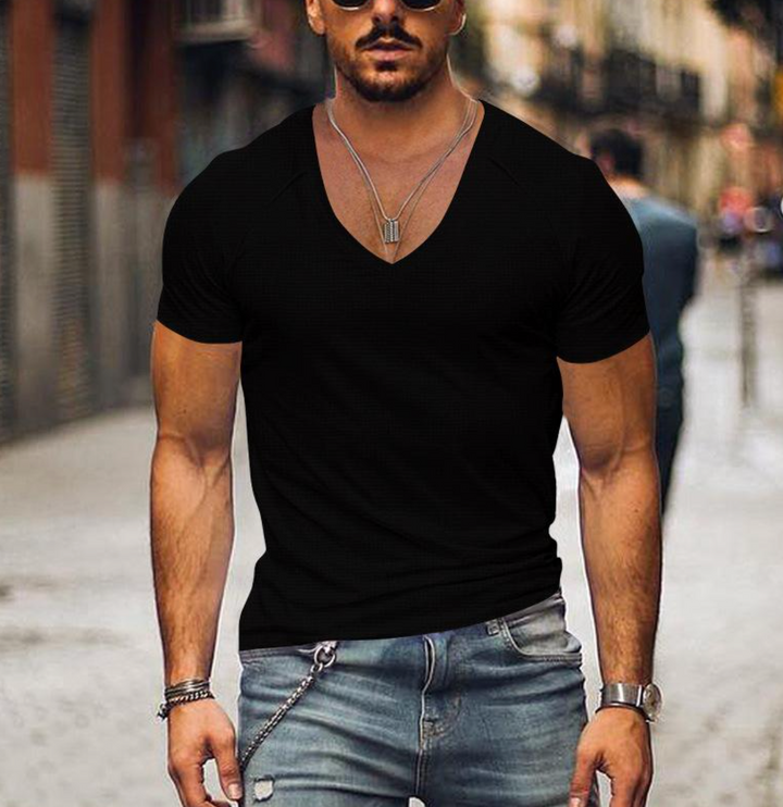 Men's V-neck t-shirt in regular fit, offering modern style & all-day comfort for casual wear.