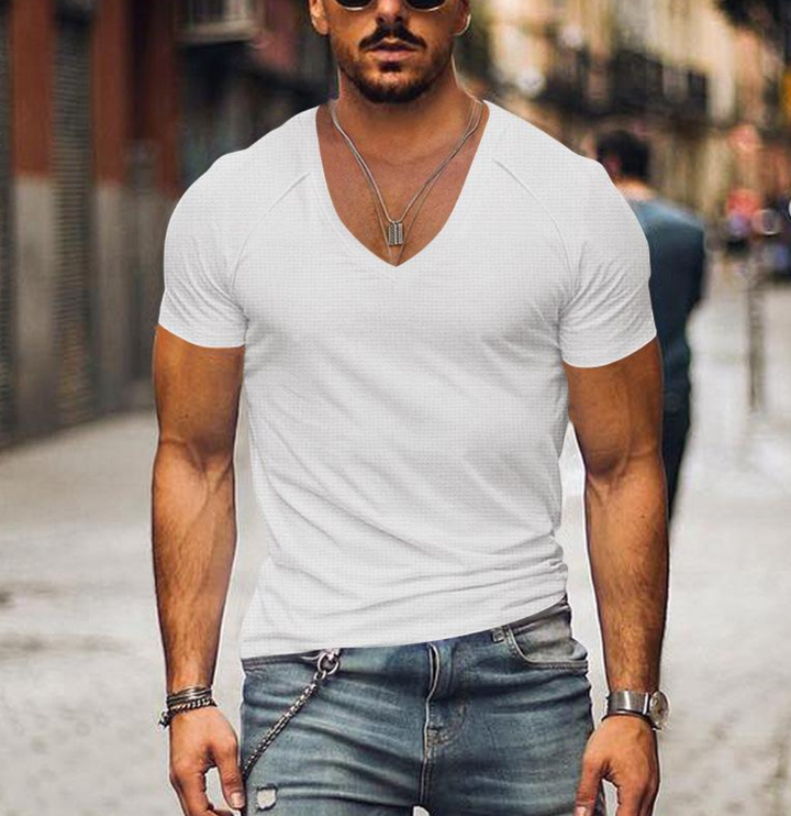 Stylish men's short-sleeve V-neck t-shirt, a versatile wardrobe essential for summer fashion.