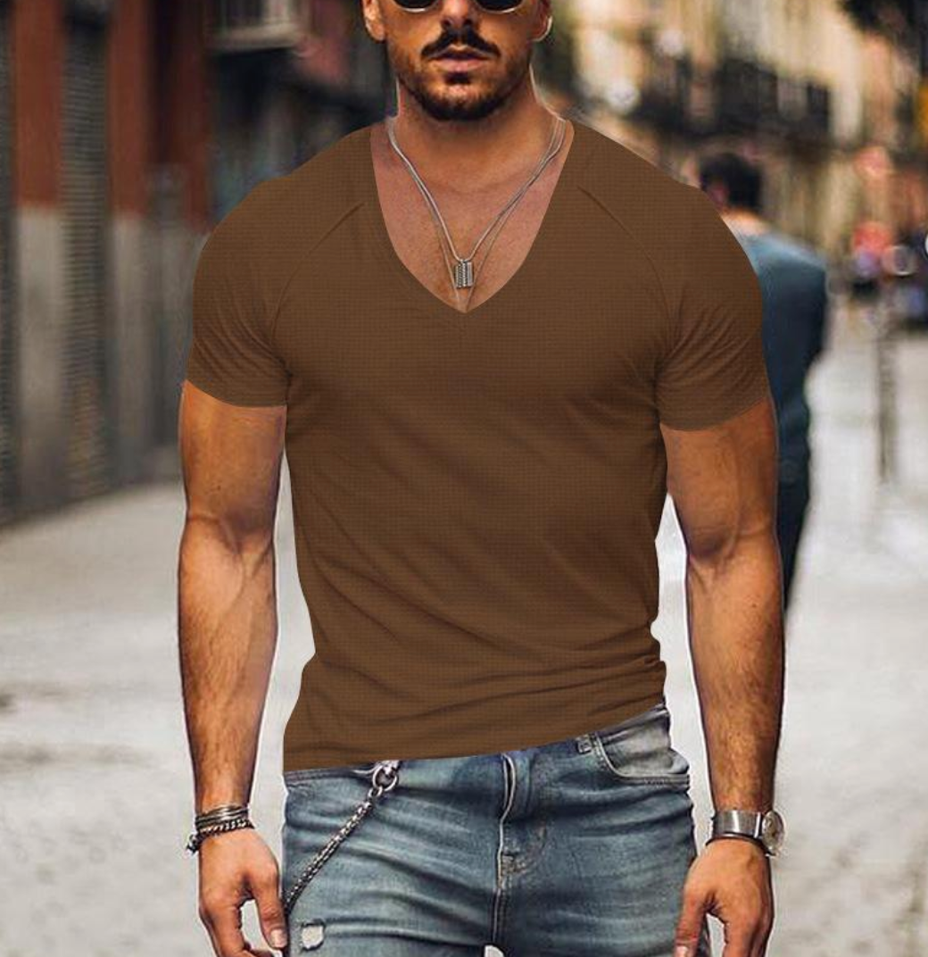 Modern men's V-neck t-shirt, a timeless wardrobe essential for effortless style and comfort.