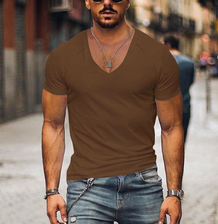Modern men's V-neck t-shirt, a timeless wardrobe essential for effortless style and comfort.