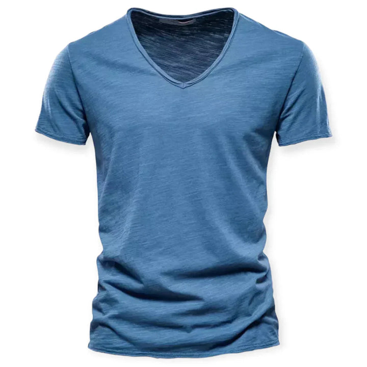 Comfortable men's V-neck tee, solid color, versatile for layering or standalone style.