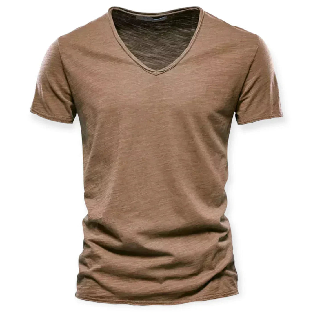 Relaxed fit men's V-neck t-shirt, solid, everyday casual short sleeve top.