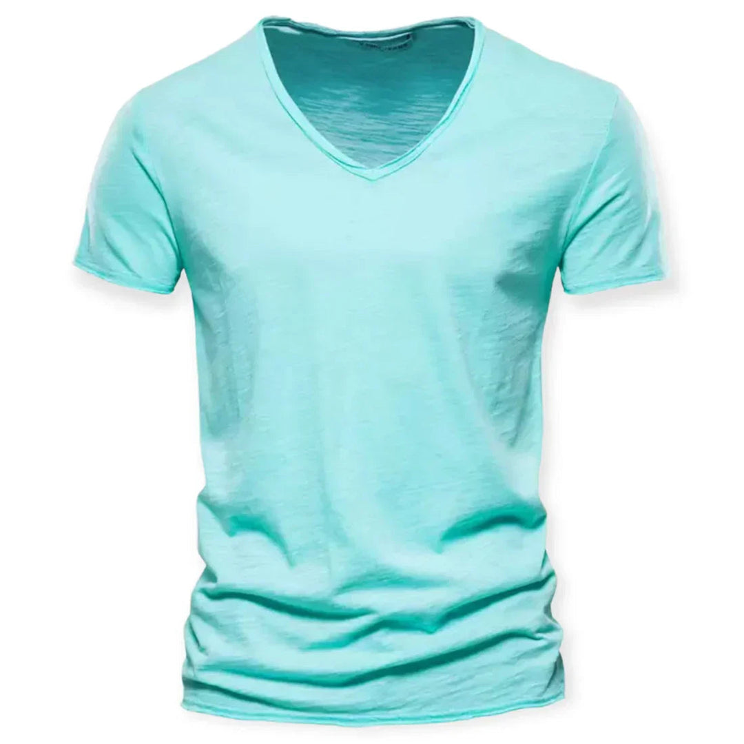 Solid color men's V-neck tee, a comfortable short sleeve top for versatile casual looks.
