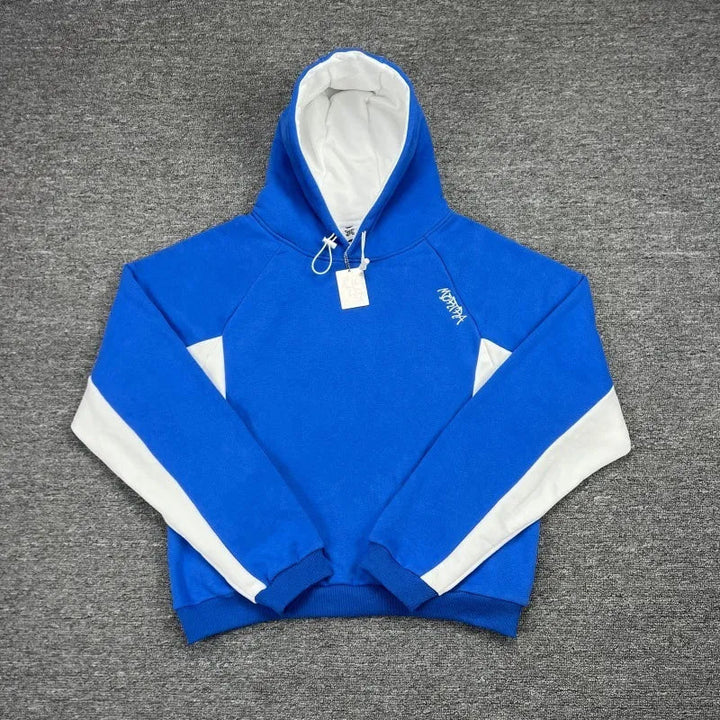 Trendy men's Velden oversized pullover hoodie with sporty contrast panels. Blends athletic & casual fashion.