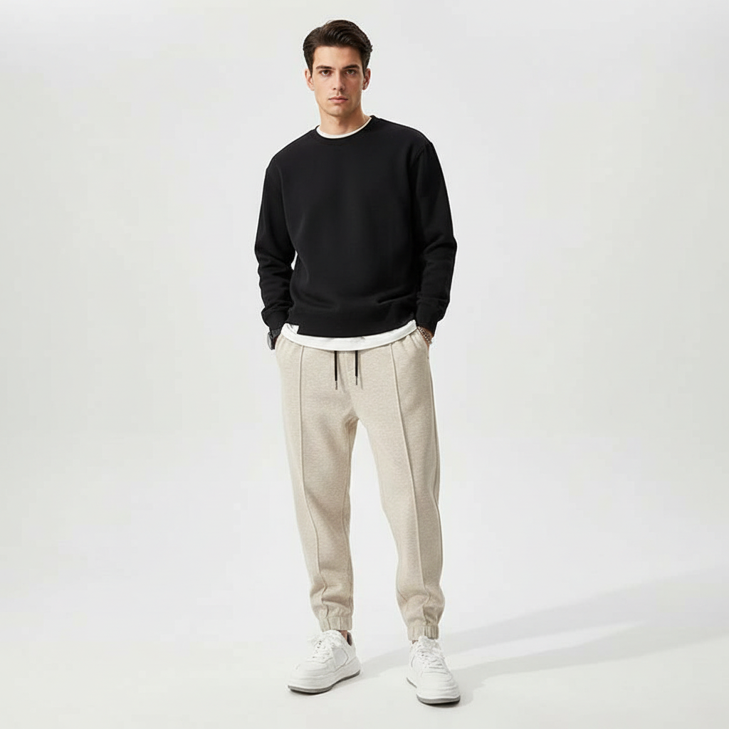 Durable men's flexible pants, elastic waistband for secure fit, ideal for sports, travel & leisure.