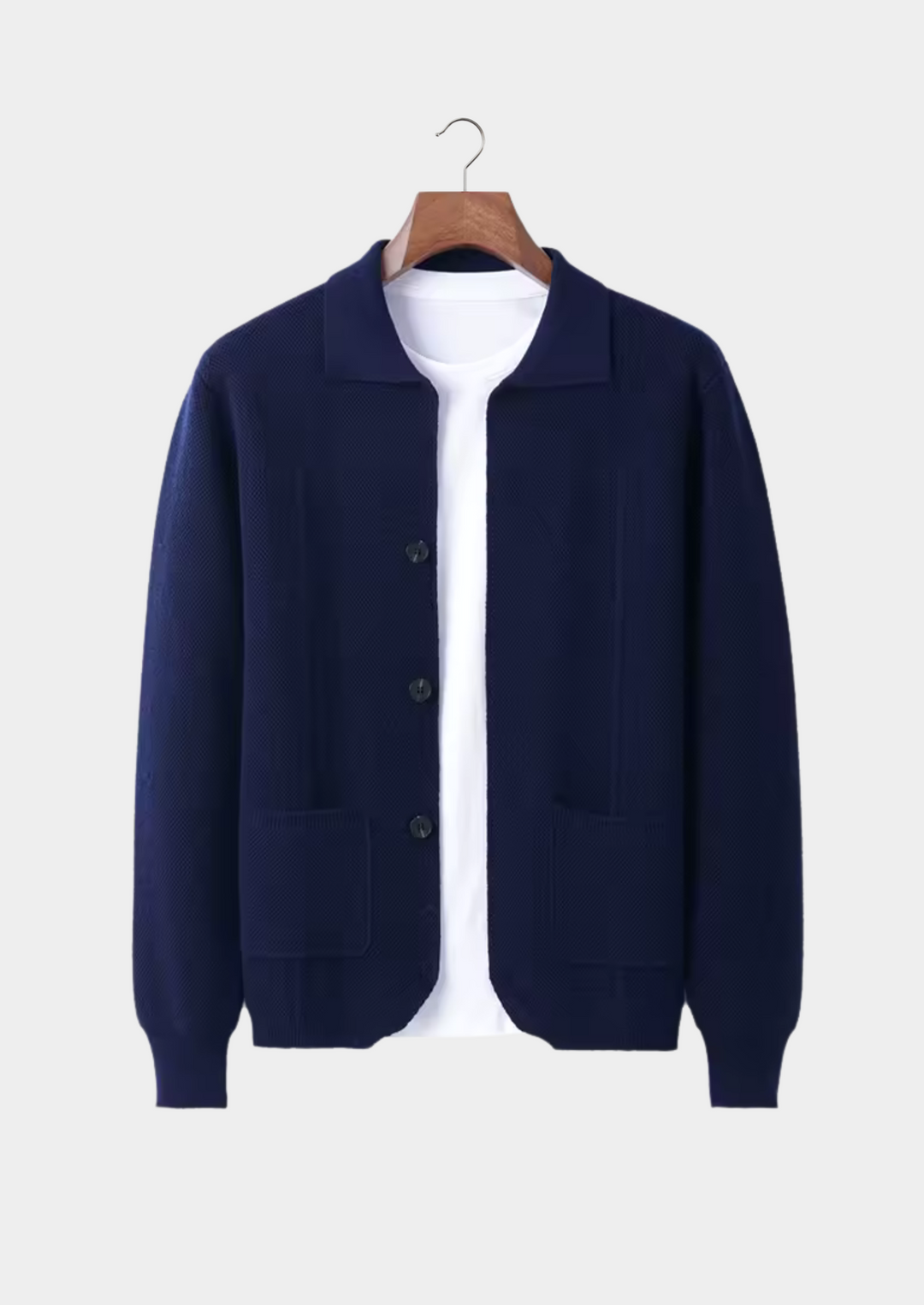 Modern men's fashion button-up cardigan. Essential knitwear for versatile casual, business casual, & layering looks.