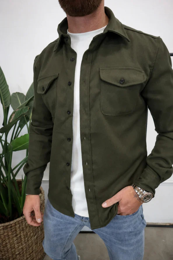 Men's versatile button-up overshirt jacket, a functional and stylish shacket with convenient pockets.