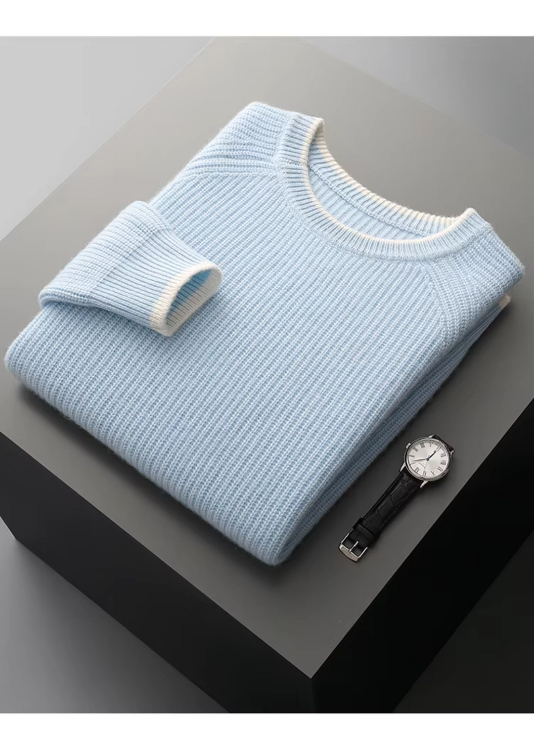 Soft ribbed men's sweater, comfortable for casual everyday wear.