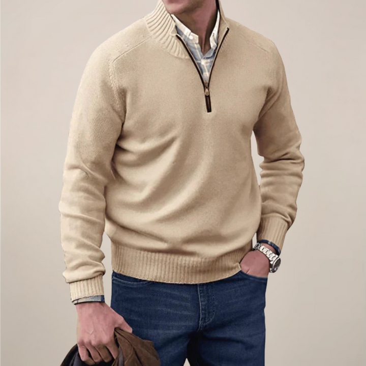 Stylish men's beige half-zip sweater. Versatile smart casual layering piece for all-season comfort.