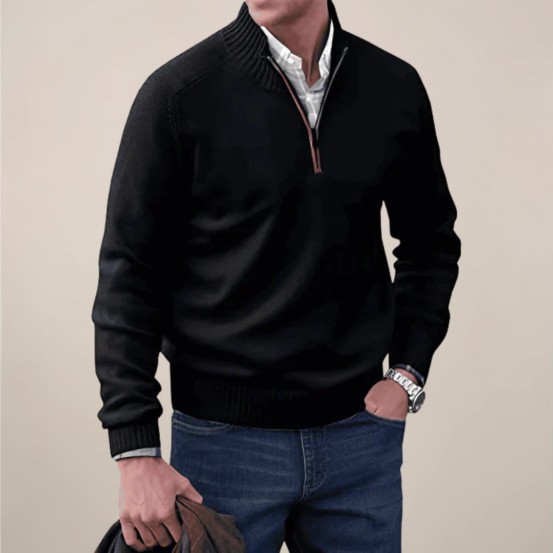 Black men's half-zip sweater. Essential cardigan for smart casual fashion and versatile all-season layering.