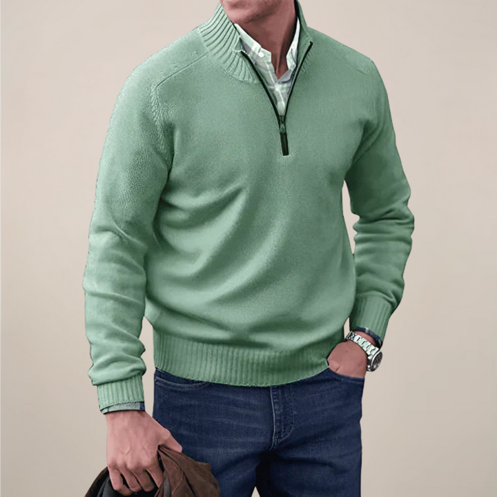 Comfortable men's half-zip sweater, ideal for versatile smart casual layering and effortless all-season style.