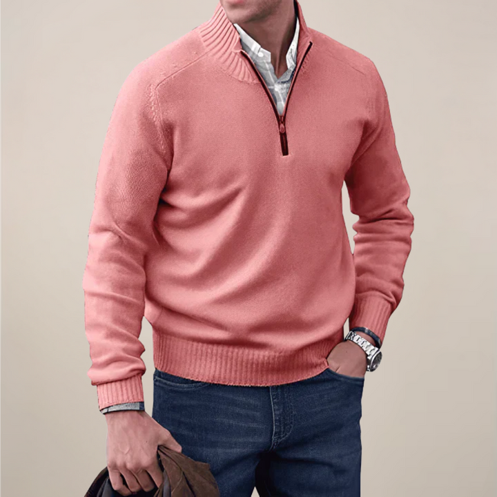 Versatile men's gray half-zip sweater. Perfect smart casual cardigan for layering and all-season fashion.