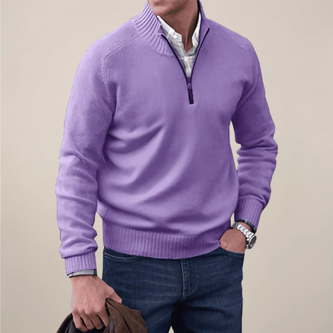Modern men's half-zip sweater, a stylish cardigan offering effortless smart casual layering & all-season comfort.