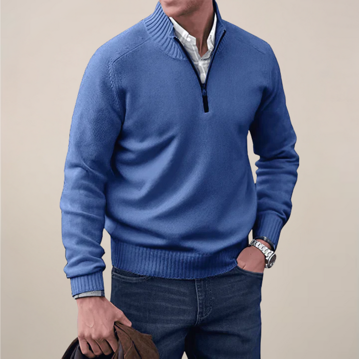 Elegant men's blue half-zip sweater. Smart casual cardigan, versatile for all-season layering & fashion.
