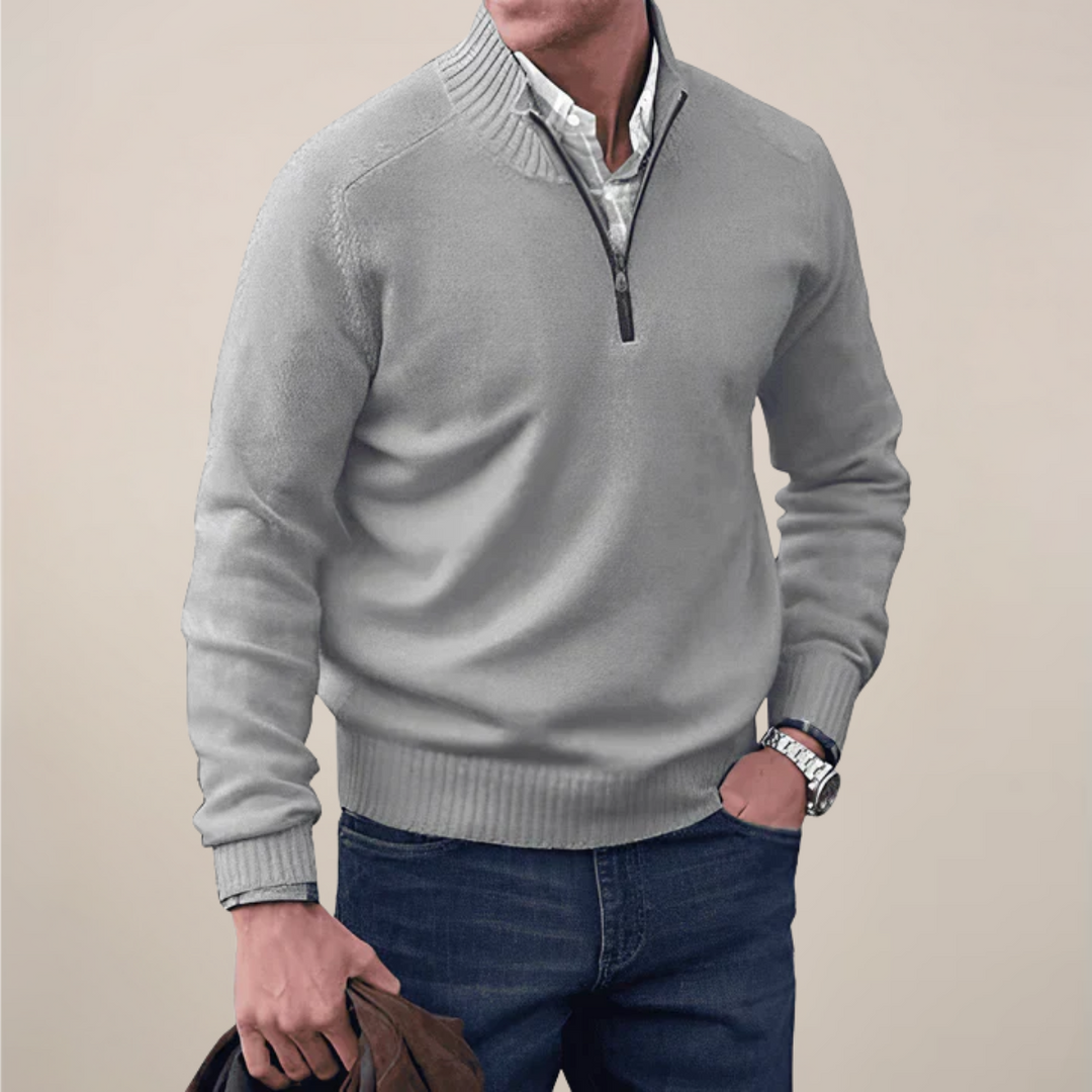 Bold men's red half-zip sweater. Versatile cardigan for smart casual outfits and all-season layering.