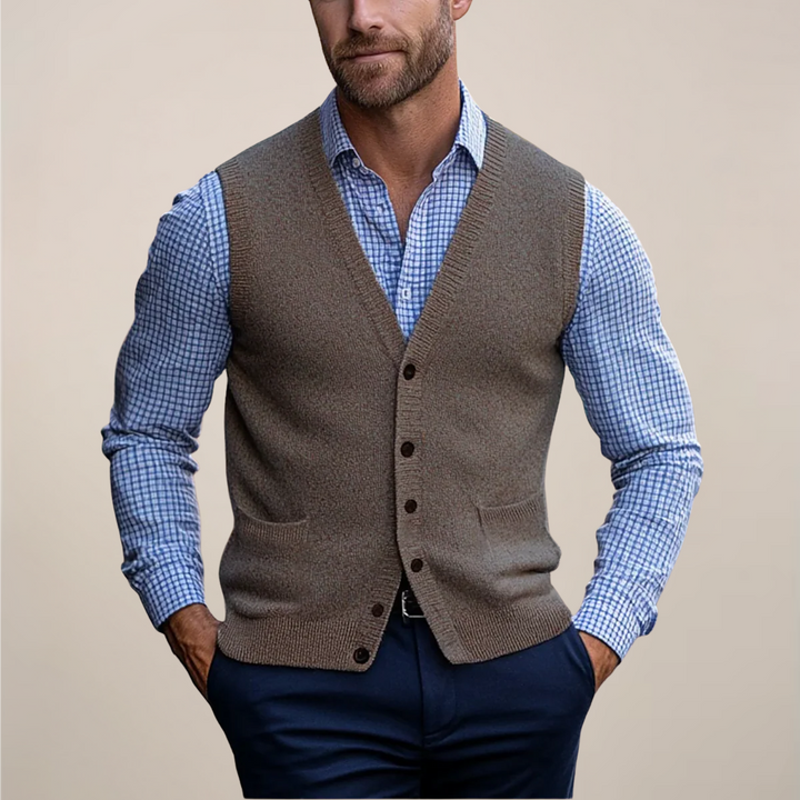 Men's versatile knit sleeveless vest sweater, perfect for smart casual layered style and office wear.