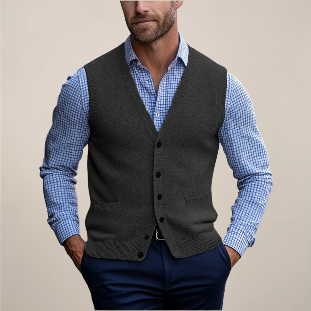 Modern men's knit vest sweater, ideal for versatile layered styles, adding a smart casual touch.