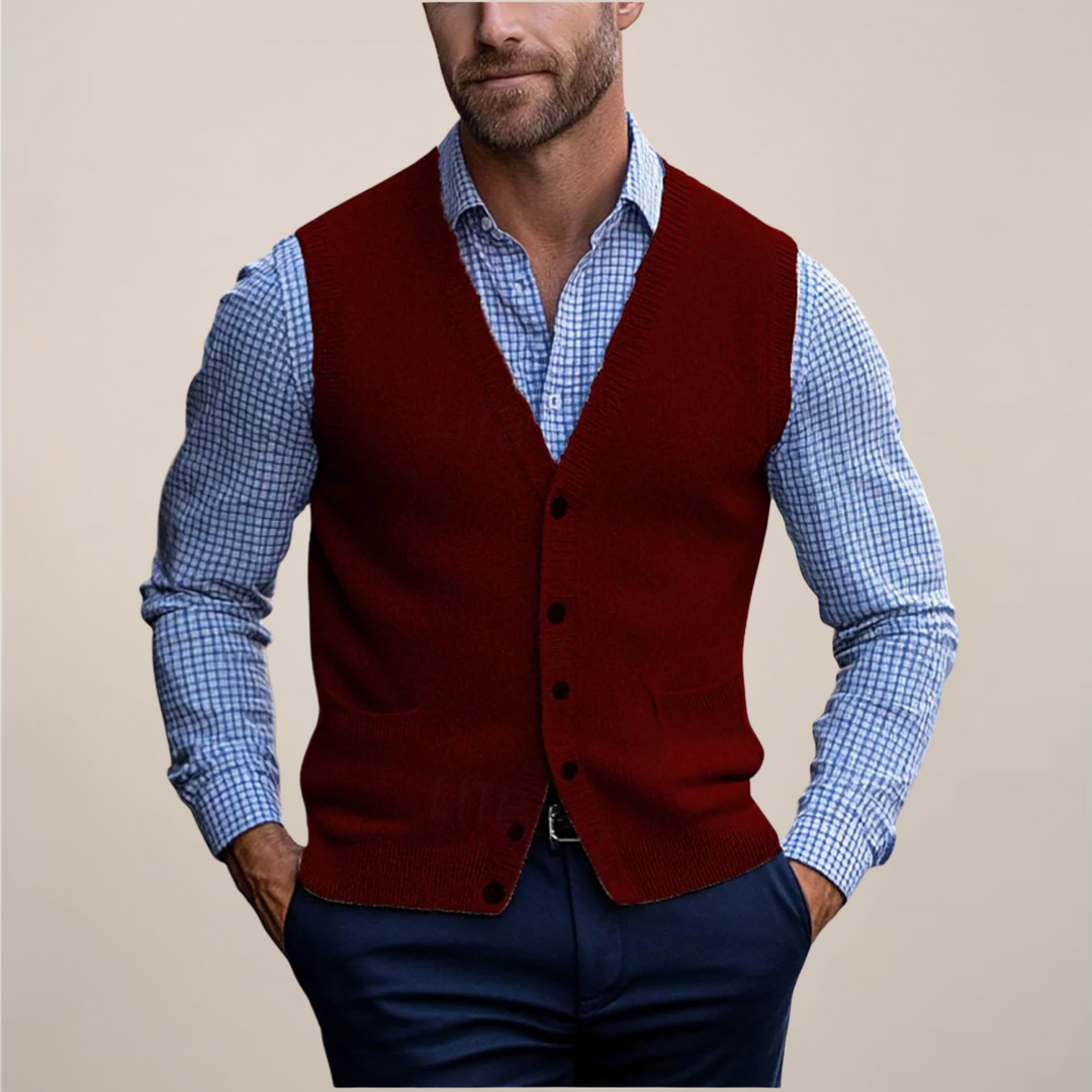 Stylish men's knit sleeveless vest sweater, a wardrobe staple for smart casual or office fashion.
