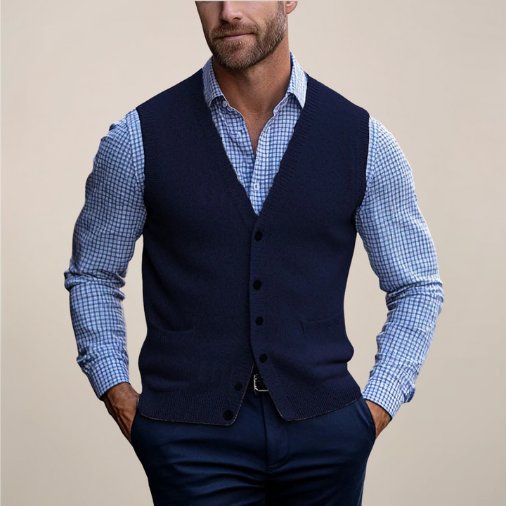 Men's sleeveless knit vest sweater, offering a smart casual layered style for versatile office and daily outfits.