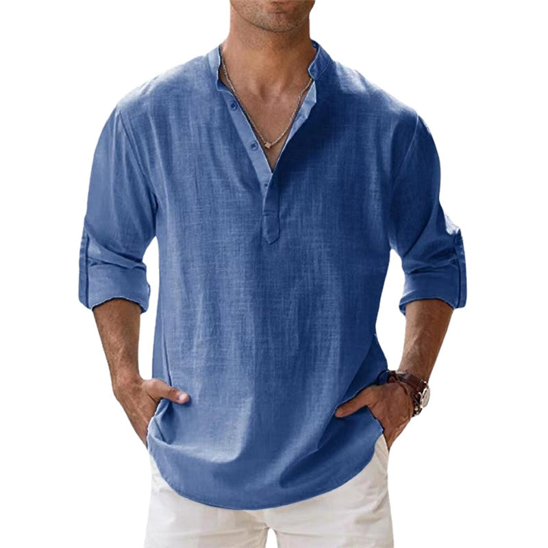 Comfortable men's long sleeve Korean collar shirt, lightweight with a relaxed fit for summer fashion.