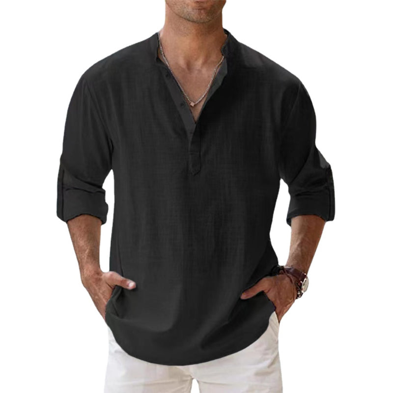 Detail of men's long sleeve Korean collar button-down shirt, showcasing its modern design.