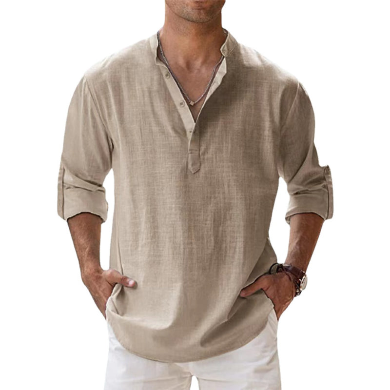 Modern men's long sleeve Korean collar shirt, a smart casual top for versatile summer styling.