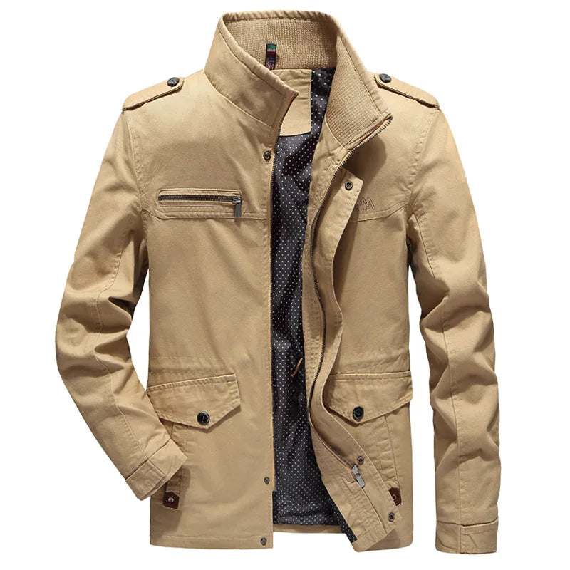 Stylish men's cargo jacket with multiple pockets for utility & comfort. Ideal lightweight outerwear for daily wear.